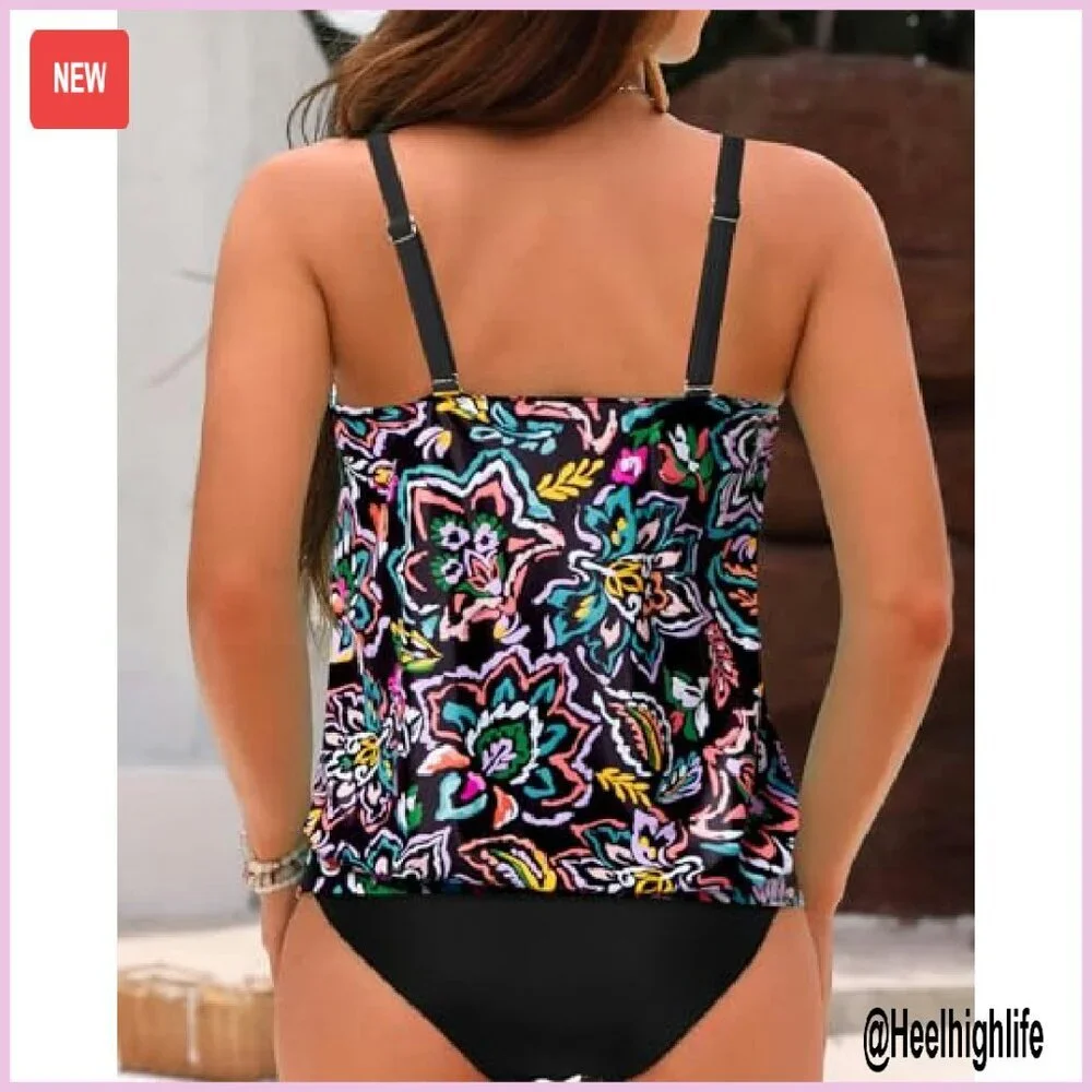 Blouson Tankini Top Loose Fit Modest Swimwear Adjustable Straps - Picture 3 of 8